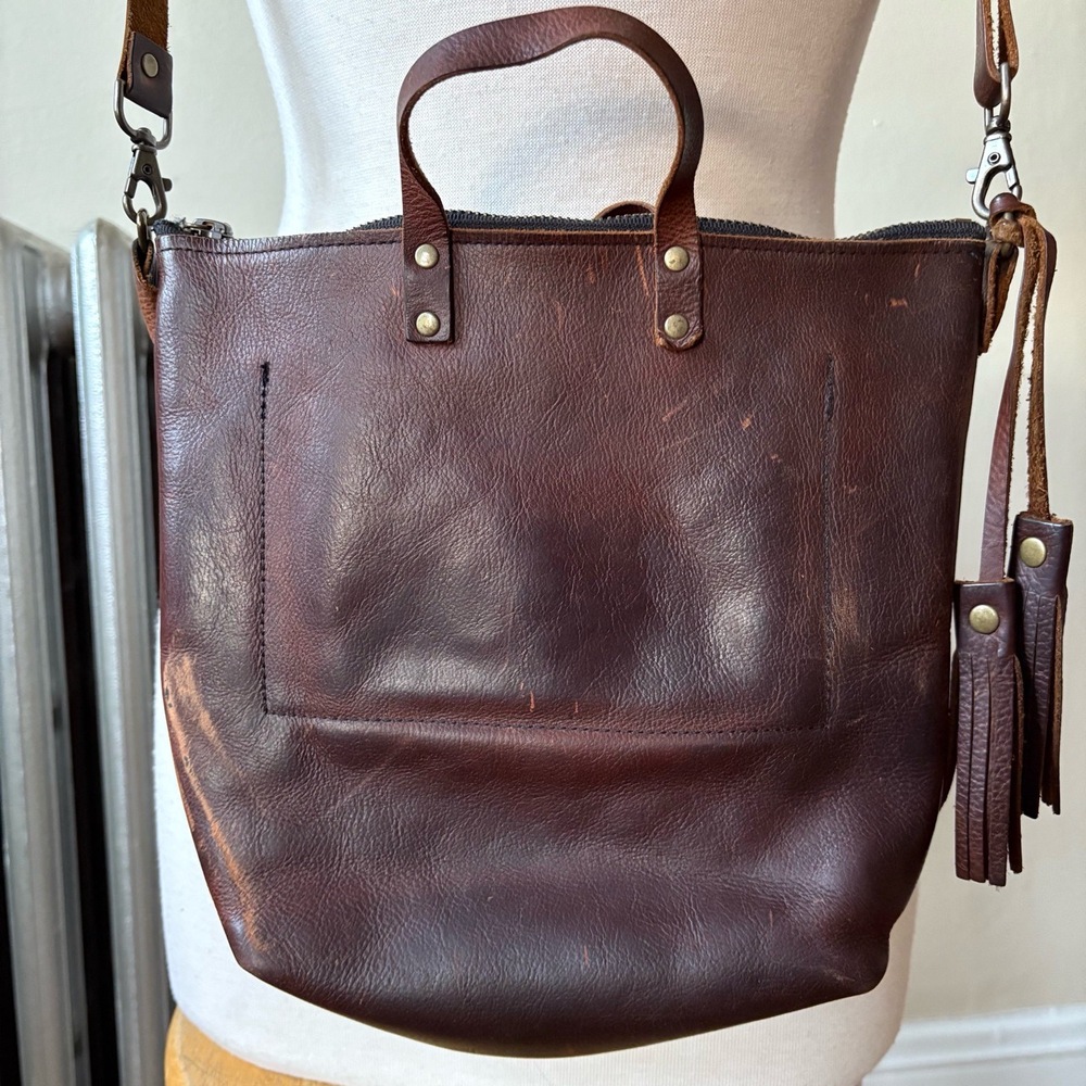 Rugged Tobacco Colored Shoulder Bag Leather with Brass Detail Fringe Tassel